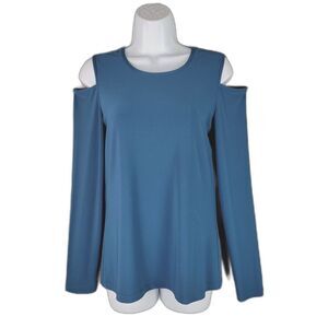 Donna Karan Cold Shoulder Top Teal S Long Sleeve Stretch Jewel Tone